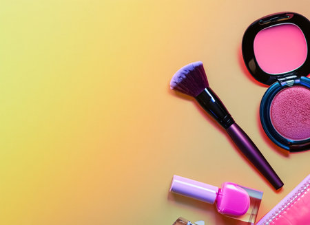 Cosmetics on a colorful background. Top view, flat lay.の素材