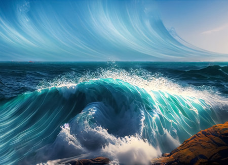 Beautiful ocean wave at sunset time. 3d rendering and illustration.の素材