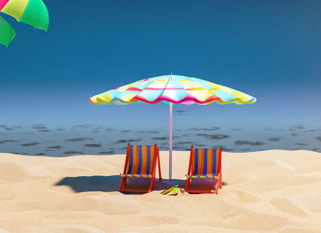 Beach chair and umbrella on the sand. 3d render.の素材