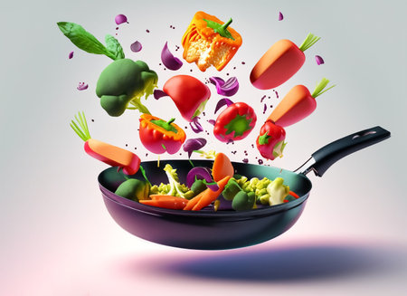 Falling vegetables in a frying pan as a healthy diet food conceptの素材