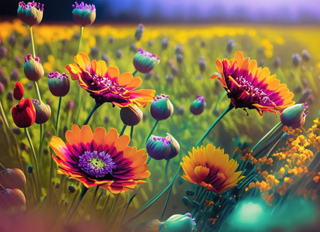 Beautiful flowers in the meadow. Colorful spring background.の素材