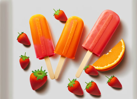 Strawberry and orange popsicles on a white background. Vector illustration.の素材