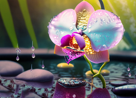 Beautiful orchid flower with water drops and zen stones.の素材