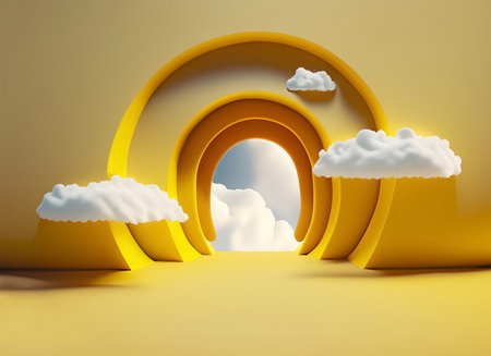 3d render, abstract background, yellow and orange tunnel with cloudsの素材
