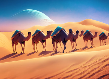 Camel caravan in the Sahara desert in Morocco. 3d illustrationの素材