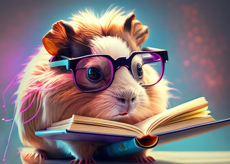 Cute guinea pig in glasses with books. Funny animal.の素材