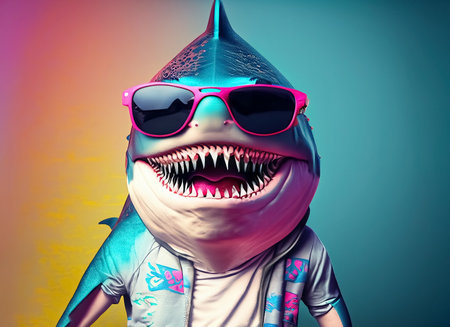 3d illustration of a man with a shark head and sunglasses.の素材