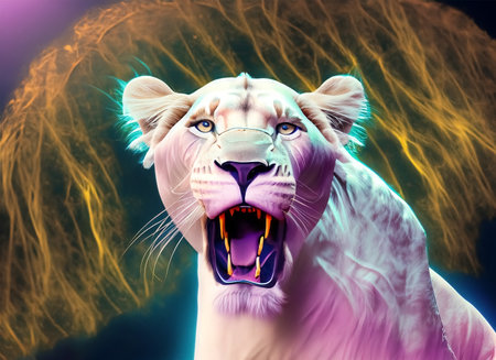 Fantasy portrait of a white tiger with fangs. 3d renderingの素材