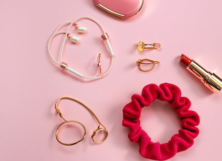 Flat lay of women's accessories on pink background with copy spaceの素材