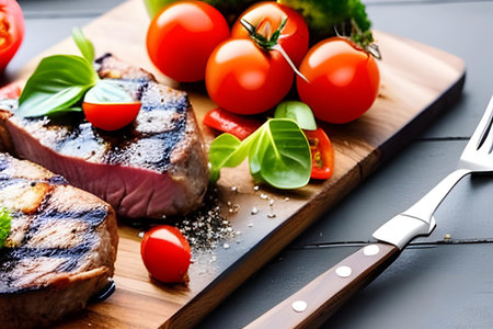 Grilled T-bone steak with cherry tomatoes and basil on wooden boardの素材