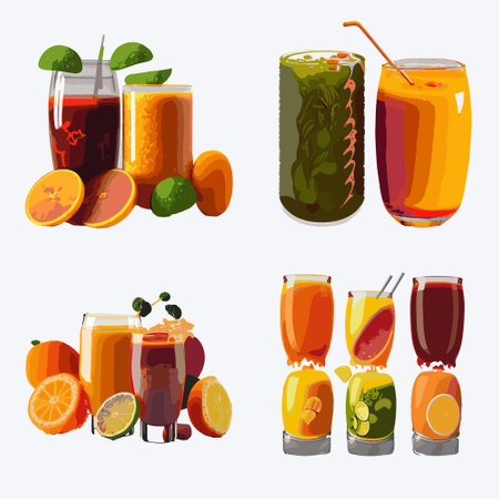 Set of different smoothies with orange, lemon, lime, mint and ice.のイラスト素材