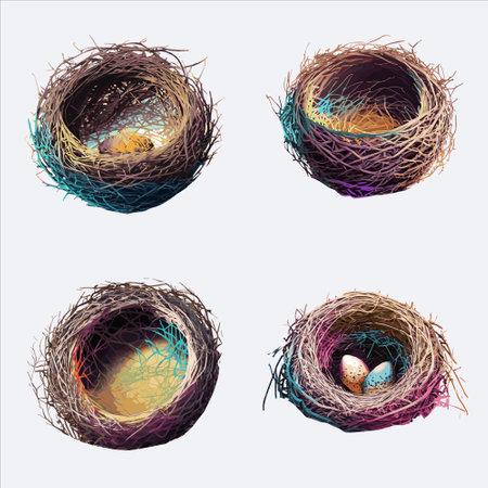 Nest of birds with eggs. Set of 3d illustrations.のイラスト素材