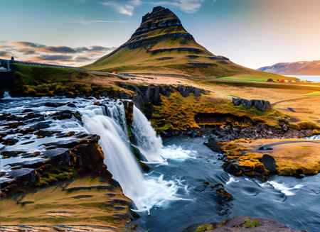Famous Kirkjufellsfoss waterfall in Iceland, Europeの素材