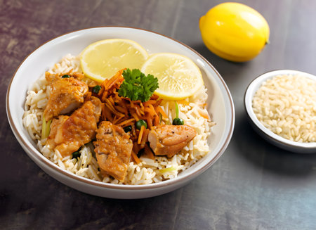 Rice with chicken and vegetables in a bowl on the table.の素材