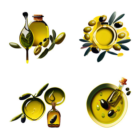 Set of olive oil bottles with olives and leaves. Vector illustrationの素材
