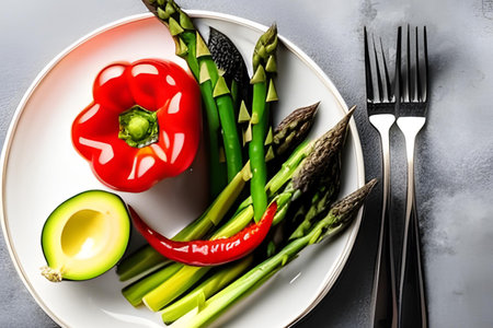 Healthy eating concept. Fresh vegetables asparagus, red bell pepper, avocado and asparagus on plate.の素材