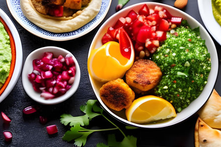 Traditional mexican food with falafel, pico de gallo, pico de gallo, pico de gallo and salsaの素材