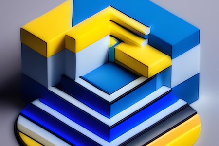 Abstract 3d render of geometric shape in blue, yellow and blackの素材