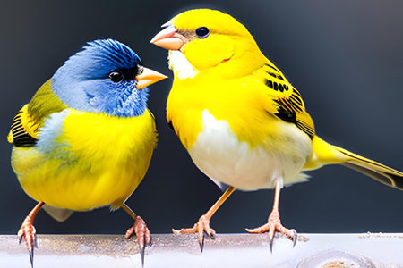 Yellow and blue canary birds on a perch with black backgroundの素材