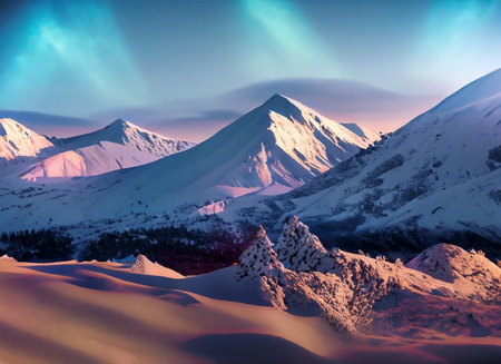 Snowy mountains at sunset. Winter landscape with snow and blue sky.の素材