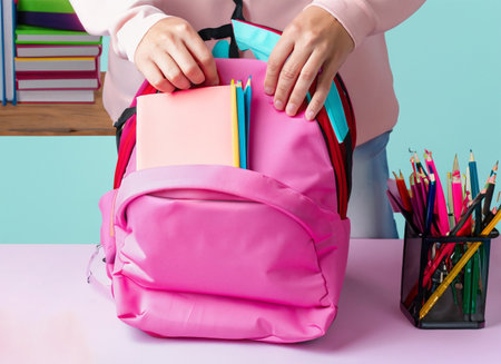 Back to school concept. Closeup of female hands putting stationery in pink backpack.の素材
