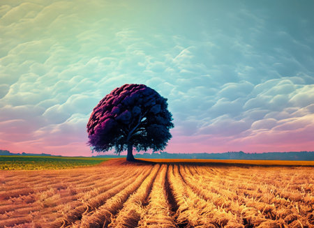 Lonely tree in the field at sunset. 3D renderingの素材