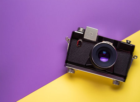 Vintage camera on a colorful background. Top view with copy space.の素材