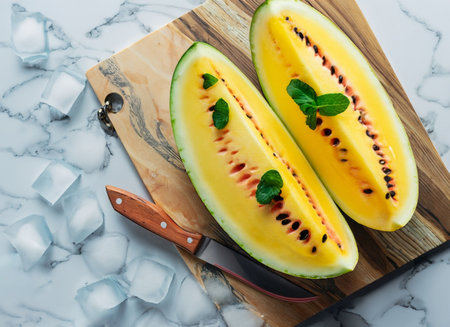 Slices of ripe yellow watermelon with mint leaves on wooden boardの素材