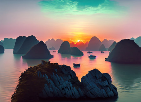 Beautiful sunset in the sea with mountains and boats. 3d renderingの素材
