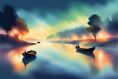 Foggy landscape with boats on the river. Vector illustration.の素材