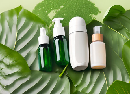 Cosmetic bottles with green leaves on green background, top view. Beauty treatmentの素材