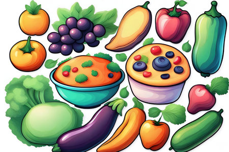 Illustration of a set of fruits and vegetables on a white backgroundの素材