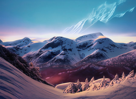 Winter landscape with snow-capped mountains at sunset. 3d renderの素材