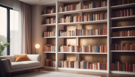 Bookshelf with books in modern living room. 3d renderingの素材
