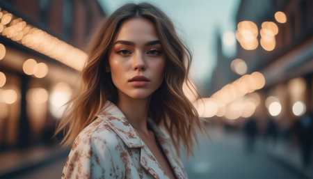 Portrait of beautiful young woman walking in the city street at night.の素材