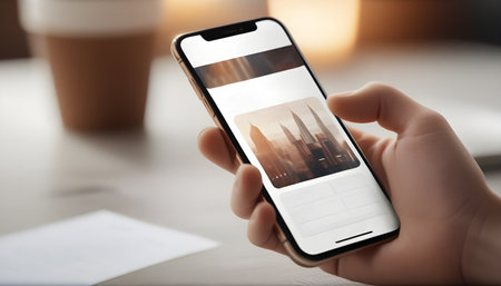 Close-up of male hand holding smartphone with city pictures on screenの素材
