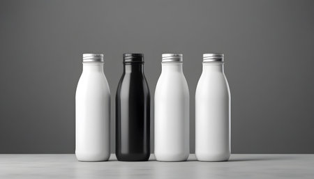 Milk bottle mockup on gray background. 3d rendering.の素材