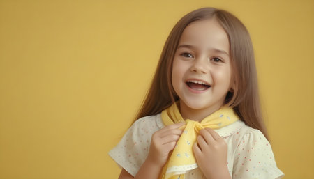 Cheerful Woman with Cute Hairstyle and Yellow Background Smiling at Cameraの素材