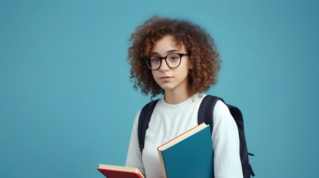 Happy Adult Woman Reading Book in Classroom with Laptopの素材