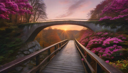Sunrise over the bridge in the park with pink rhododendronの素材