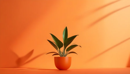 Indoor plant in orange pot on orange background with shadows. Minimal concept.の素材