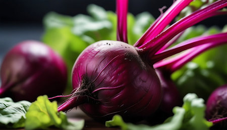 Fresh beetroot with leaves on a dark background, selective focus.の素材