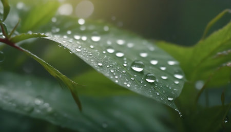 Water drops on green leaves. Nature background with copy space for textの素材