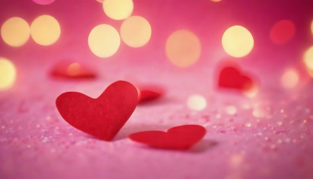 Valentines day background with red hearts on bokeh lightsの素材
