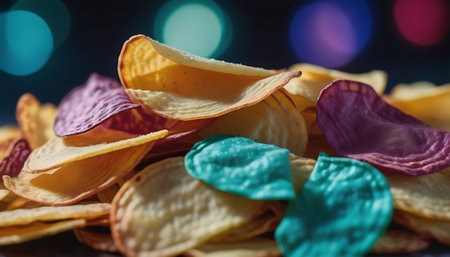 Close up of colorful potato chips on dark background with bokehの素材