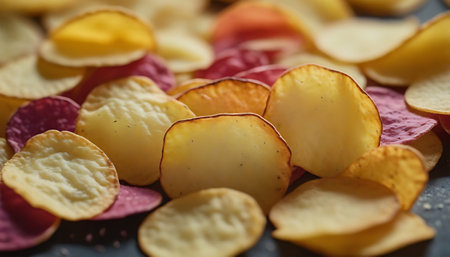 Potato chips on a plate, close-up, selective focusの素材
