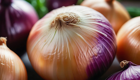 Close up of fresh onions on wooden background. Selective focus.の素材
