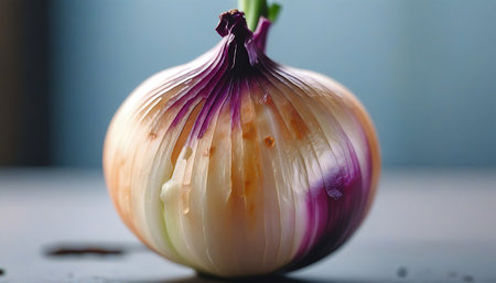 Close up of onion bulb on a wooden table. Selective focus.の素材