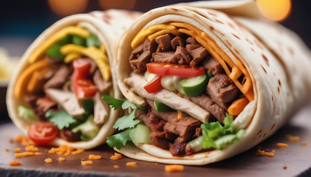 Tortilla wrap with beef and vegetables, close-up.の素材
