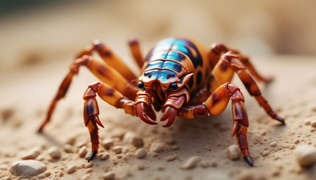 Close-up shot of a red and blue spider on the groundの素材